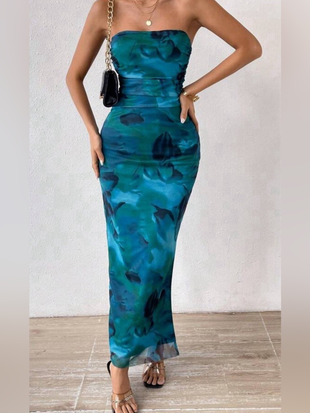 Amazon Strapless Teal & Navy Watercolor Maxi Dress